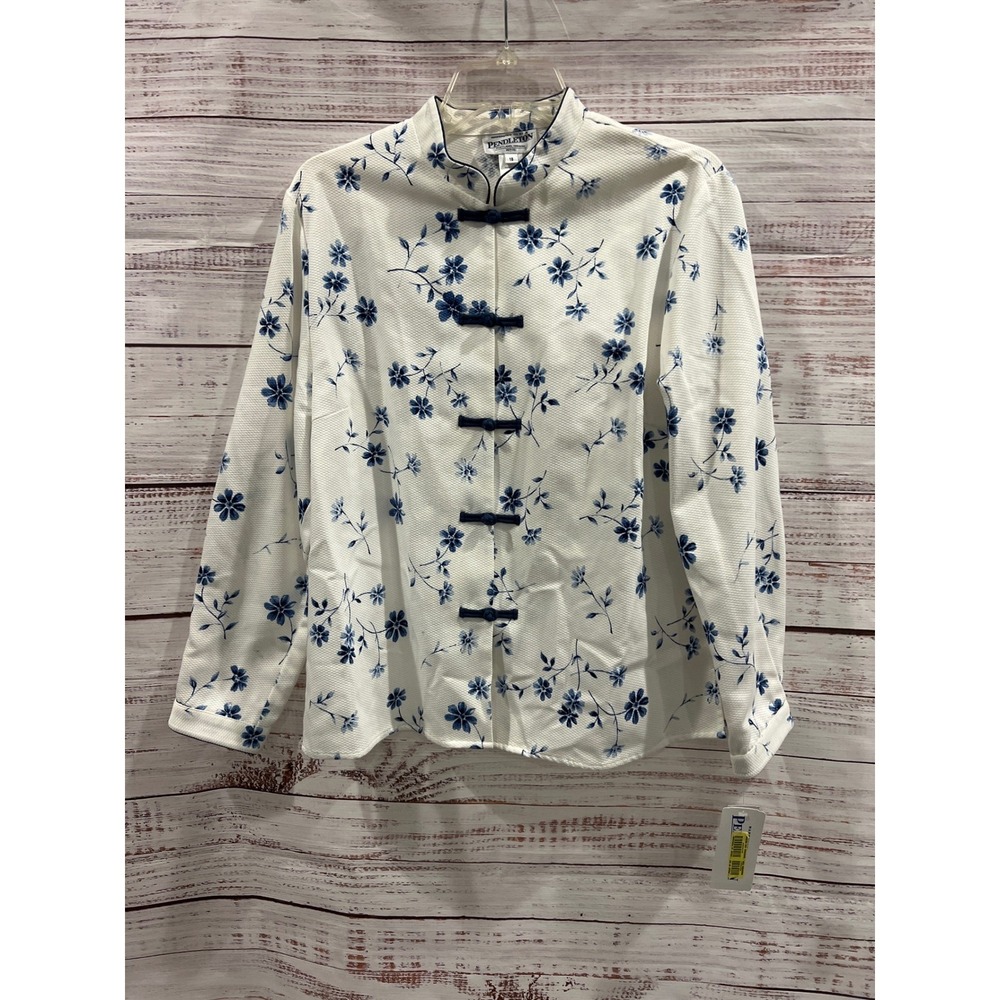 Pendleton Women White Blue Floral Mandarin Collar Frog Closure Jacket SZ 16P NWT